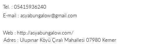 Asya Bungalow telefon numaralar, faks, e-mail, posta adresi ve iletiim bilgileri
